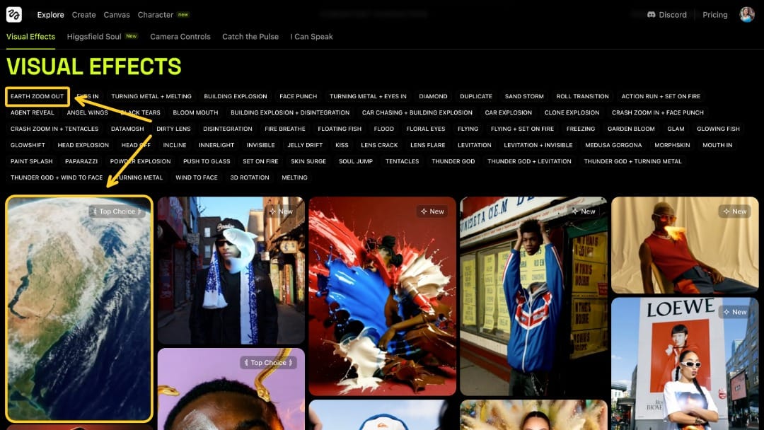 A screenshot showing Higgsfield's Home Page, with circles around the Earth Zoom Out effect