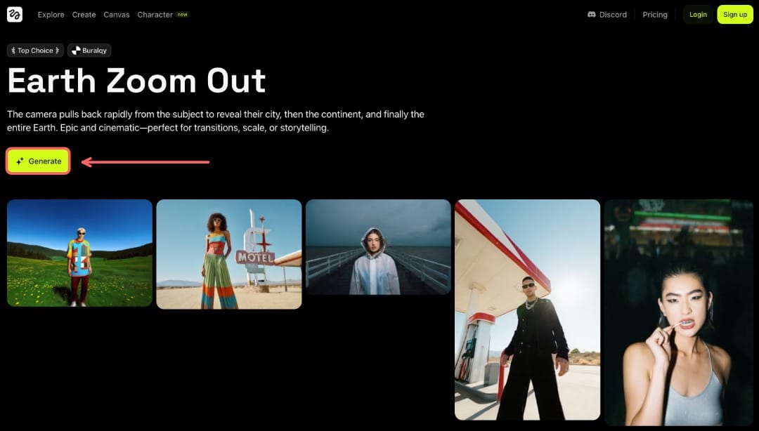 A screenshot showing the Earth Zoom Out effect page, with a circle around the generate button.