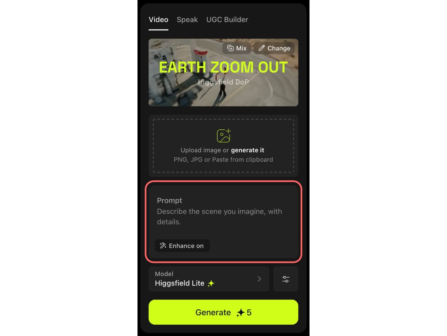 A screenshot showing the Higgsfield generation menu, with a circle around the Prompt button
