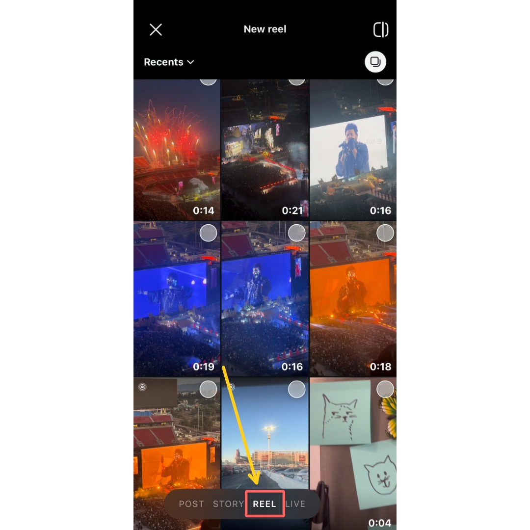 A screenshot showing the clip selection menu, with a circle around the "Reel" option