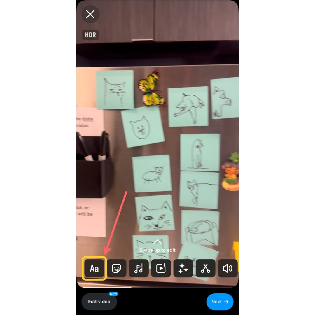 A screenshot showing the editing interface, with a circle around the text button