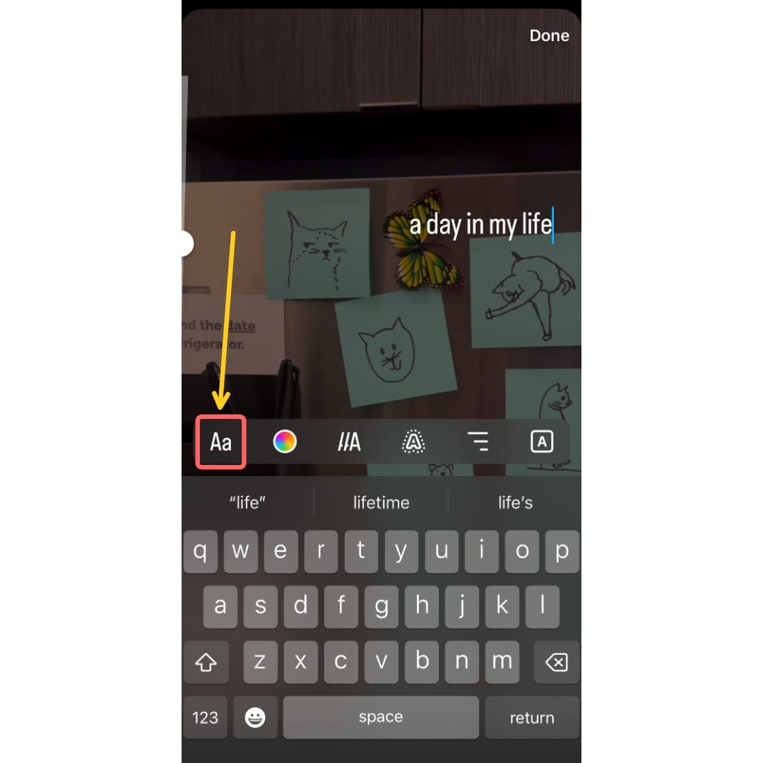 A screenshot showing the text input interface, with a circle around the "Aa" button