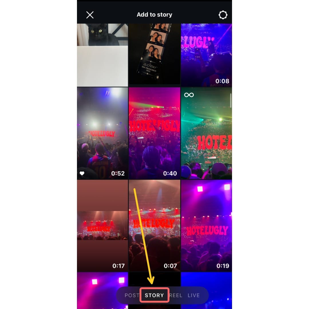 A screenshot showing the "Add to story" screen, with a circle around "Story" on the menu