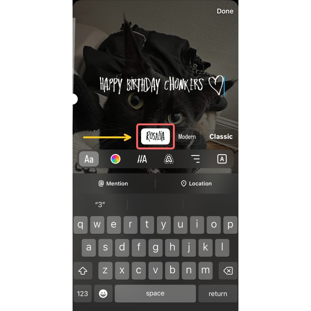 A screenshot showing an example of the font menu on a Instagram story post
