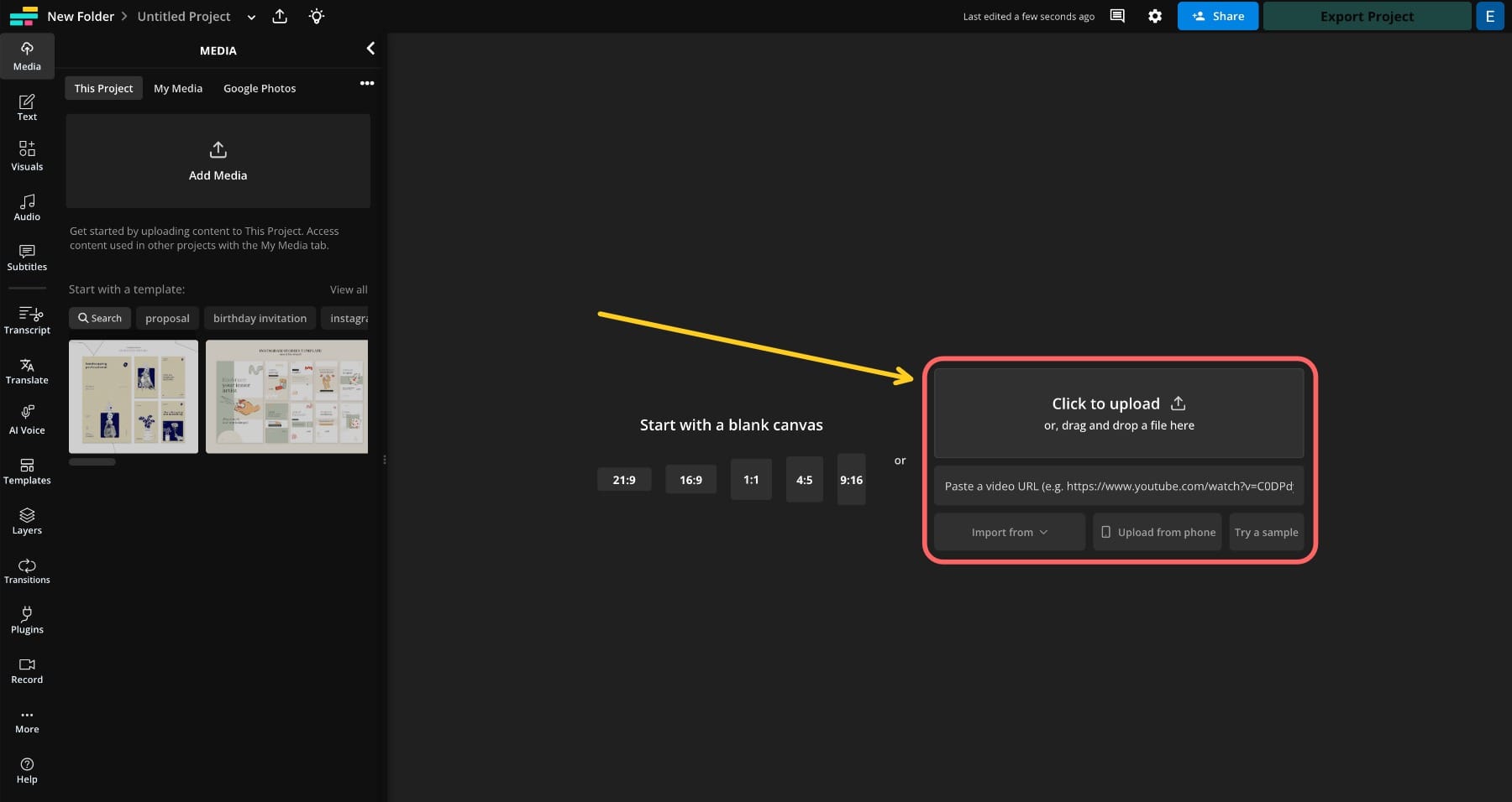 A screenshot showing the Kapwing studio upload