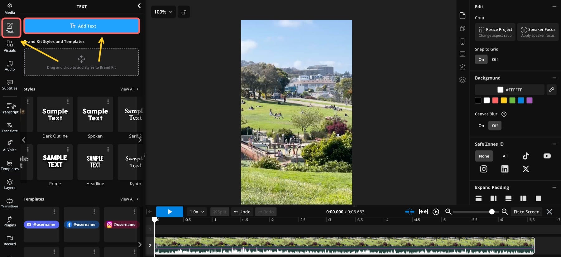 A screenshot showing the Kapwing interface, with a circle around the "Add Text" button
