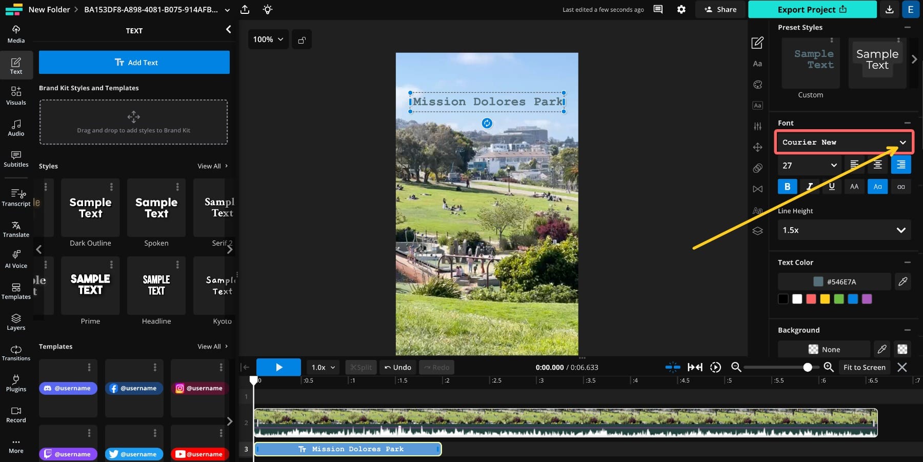 A screenshot showing the Kapwing interface with a circle around the font drop down menu