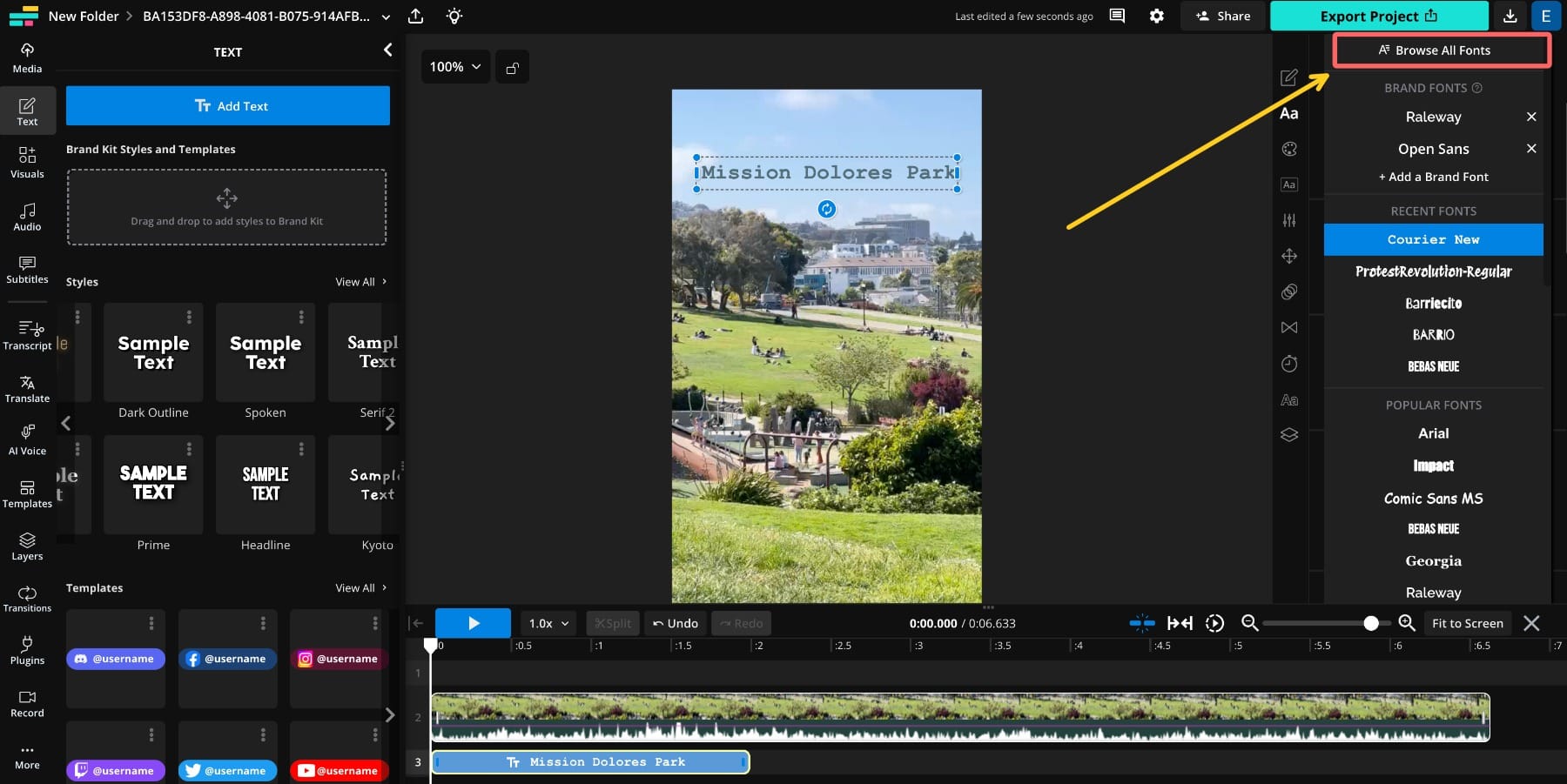 A screenshot of the Kapwing interface with a circle around the "Browse All Fonts" button in the font menu