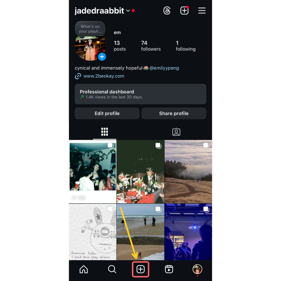 A screenshot with a circle around the '+' button, showing how to create new reels