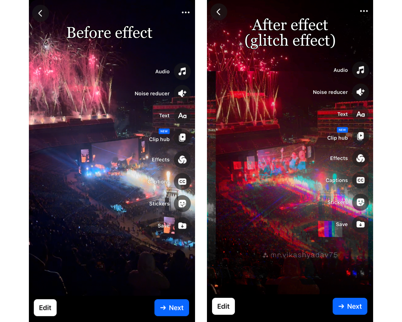 A side by side comparison of two reels, one with an effect and one without