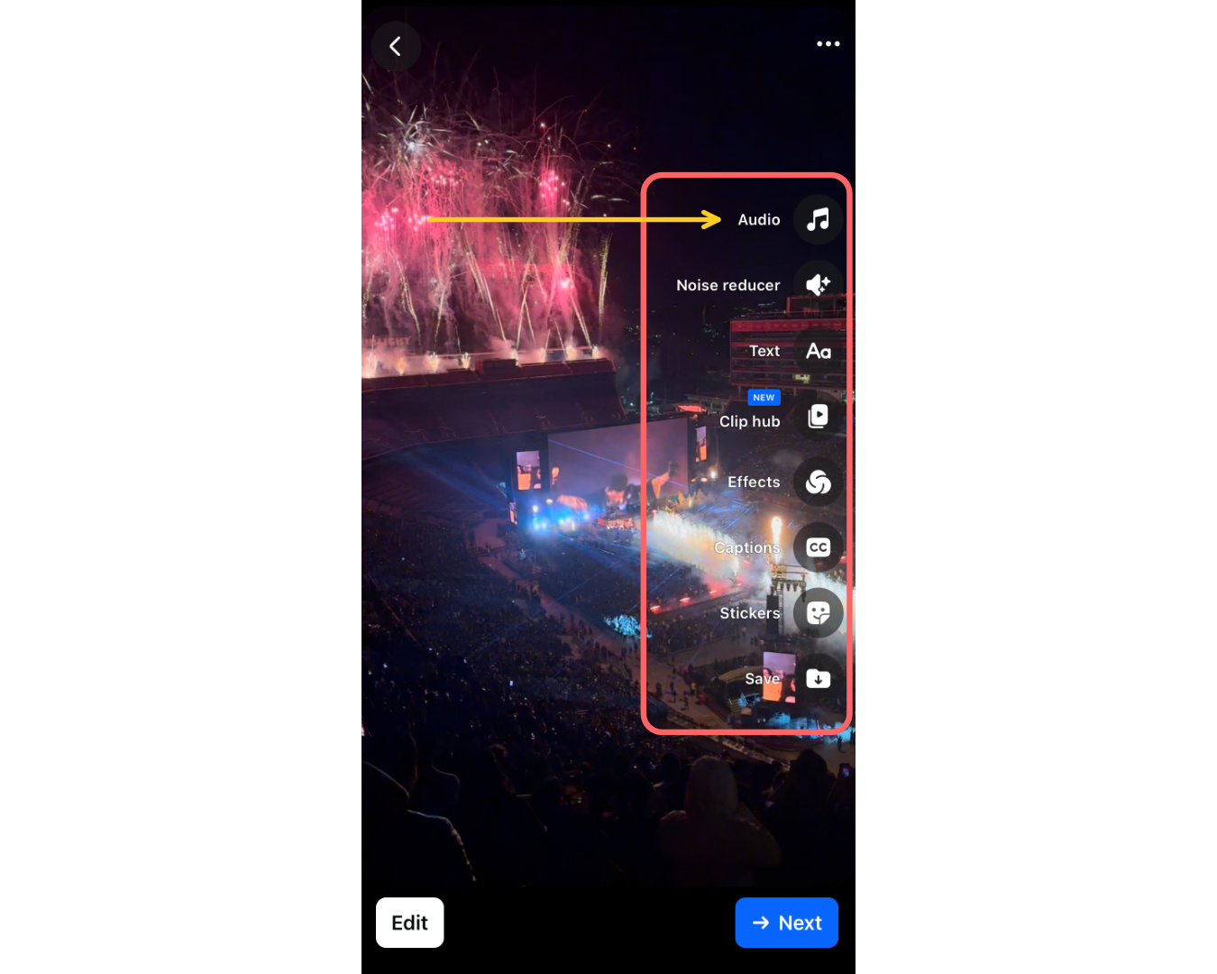A screenshot showing the Facebook toolbar, with an arrow pointing to the Audio tool