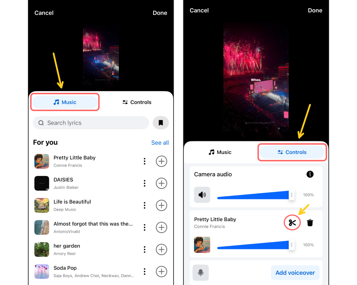 A screenshot showing the Music and Controls tabs on the Facebook Reels editor