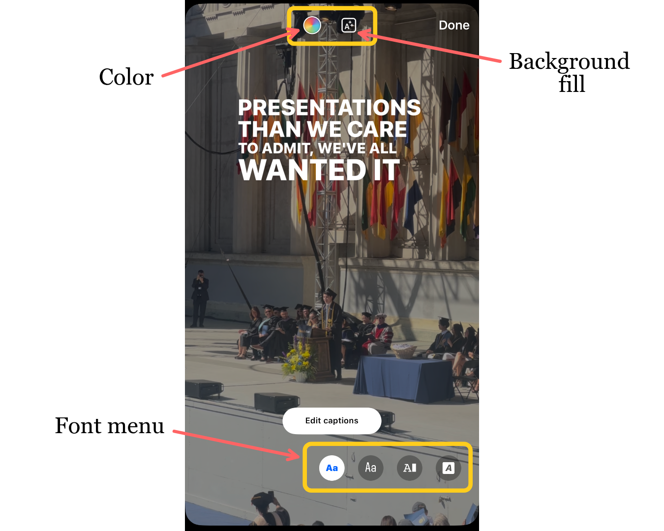 A screenshot showing Facebook’s caption style menu, with several font options displayed at the bottom of the editing screen.