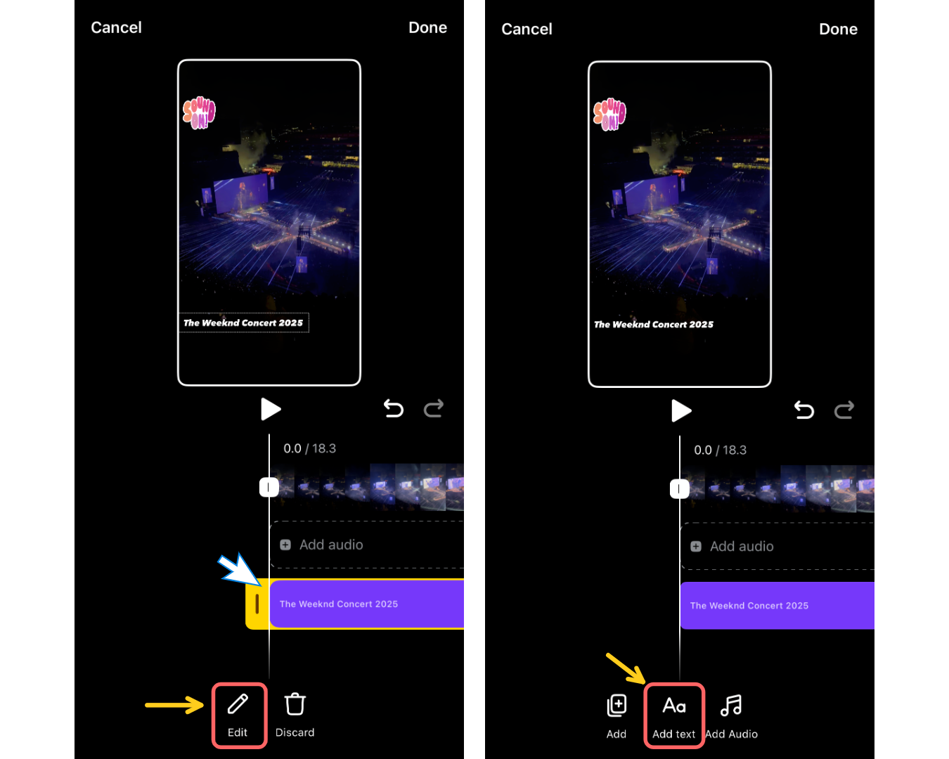 Two screenshots showing the process of selecting a block and tapping edit