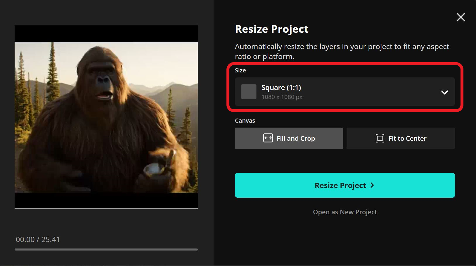 Guide showing how to resize Bigfoot AI videos for posting on social media. 