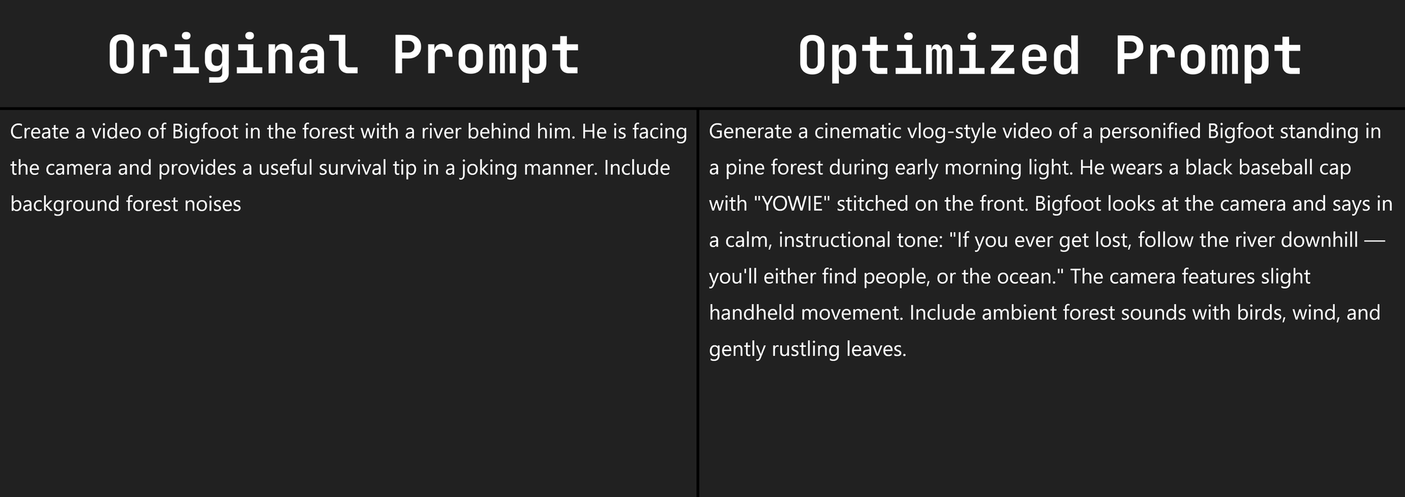 Example optimized Veo 3 video prompt for making a Bigfoot AI video. 