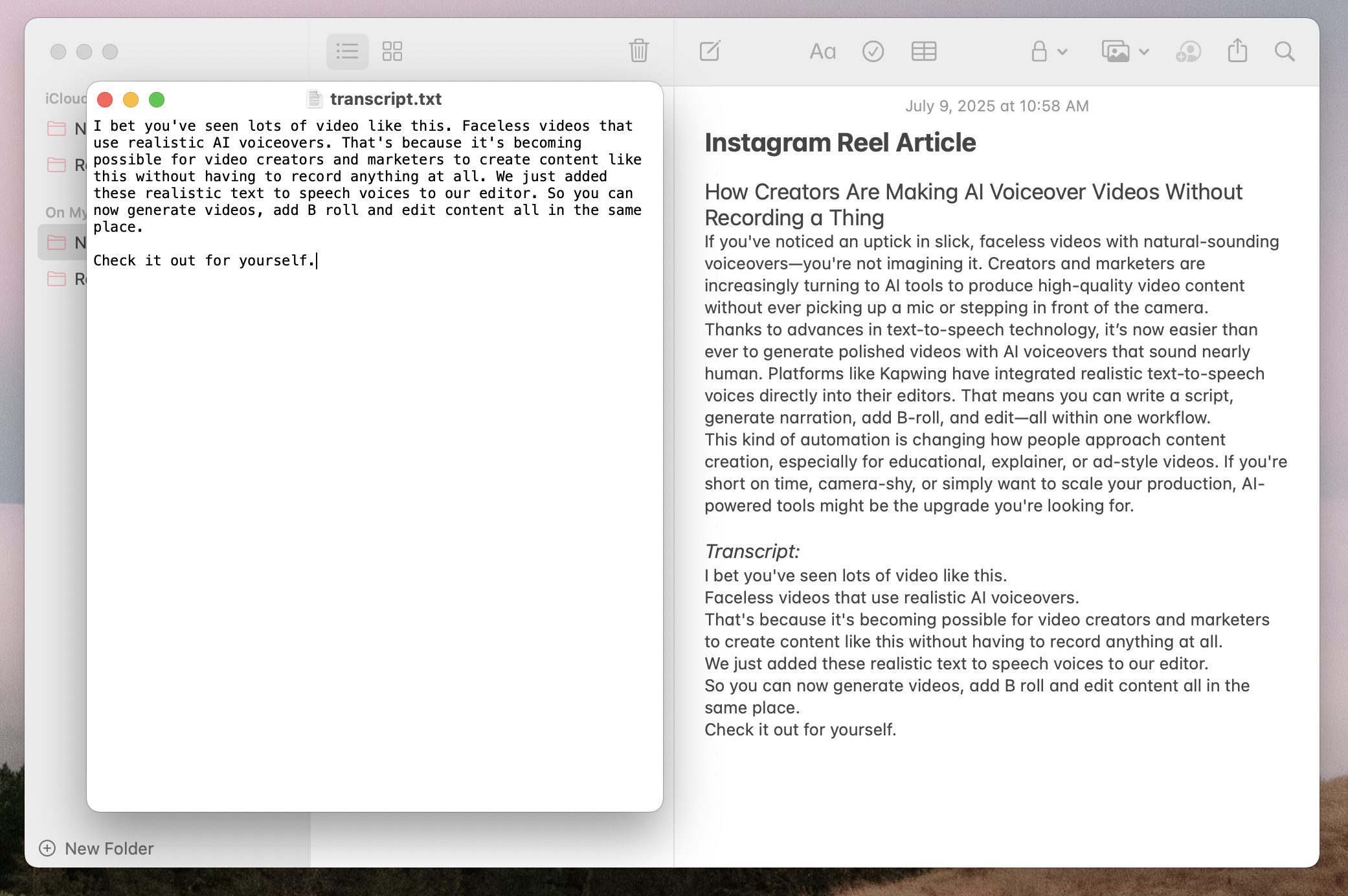 A screenshot showing the transcript of the Instagram video next to a draft blog post.
