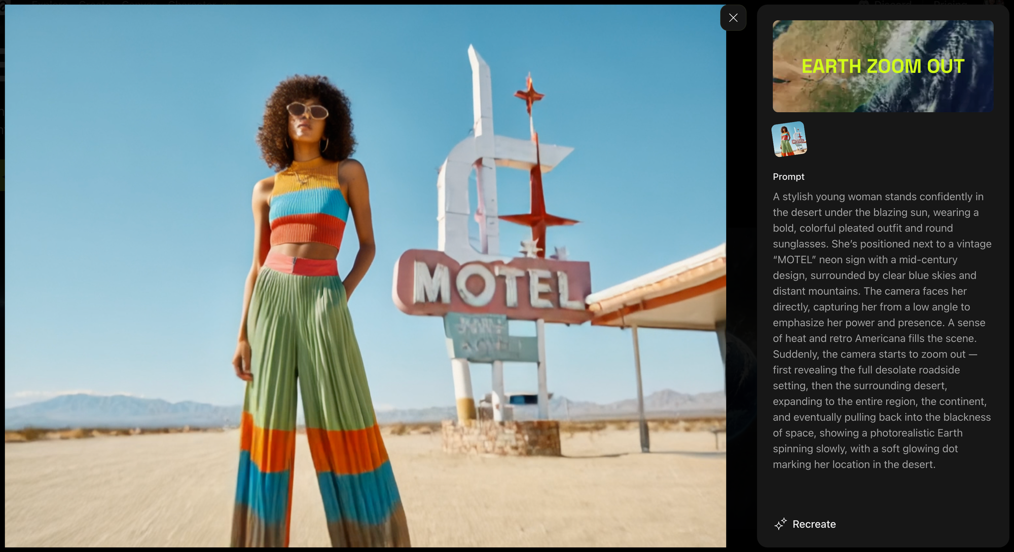 A screenshot of the Higgsfield example, showing the video they created besides the prompt they used.