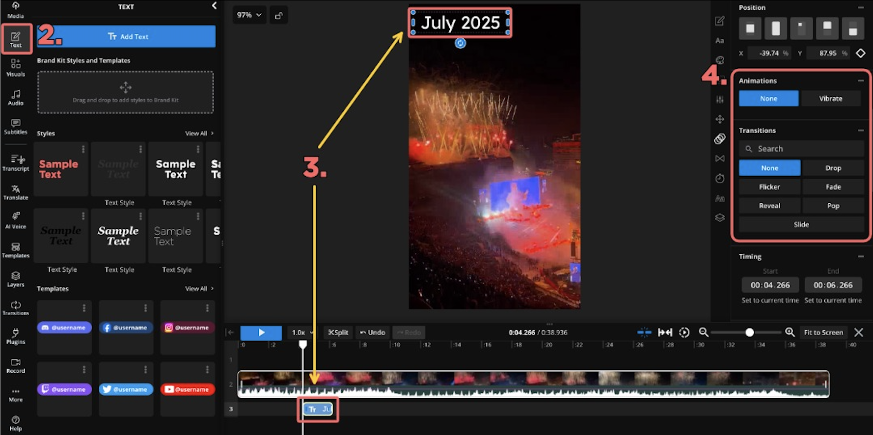 A screenshot showing the steps to animating your text, from importing the file to adding transitions and animations.