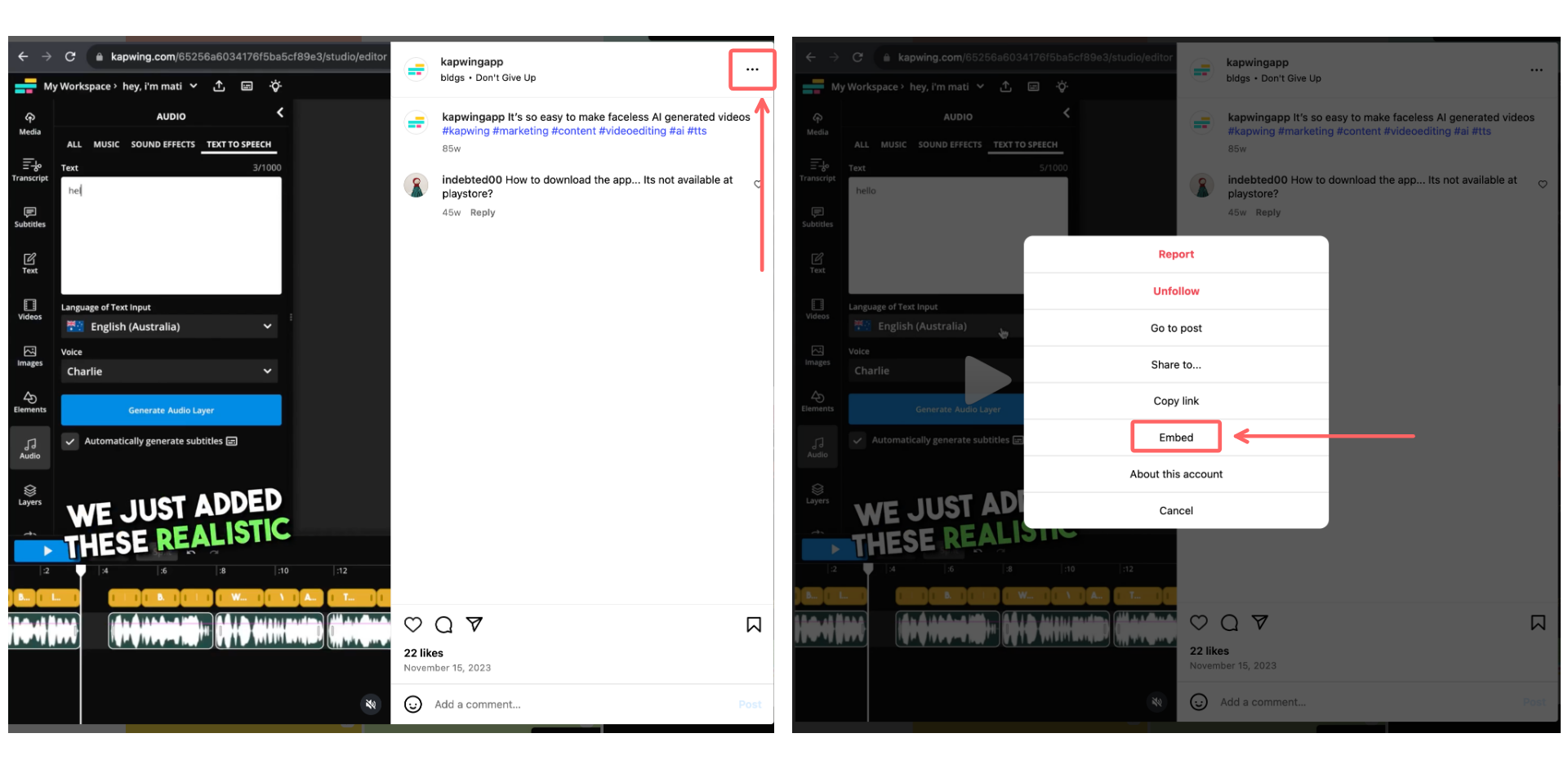 Two screenshots showing how to access the Instagram embed code