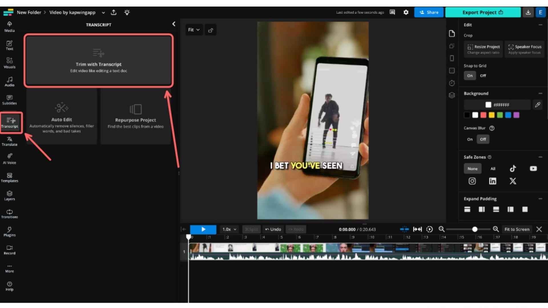A screenshot of the Kapwing editor, showing the steps of generating a transcript.
