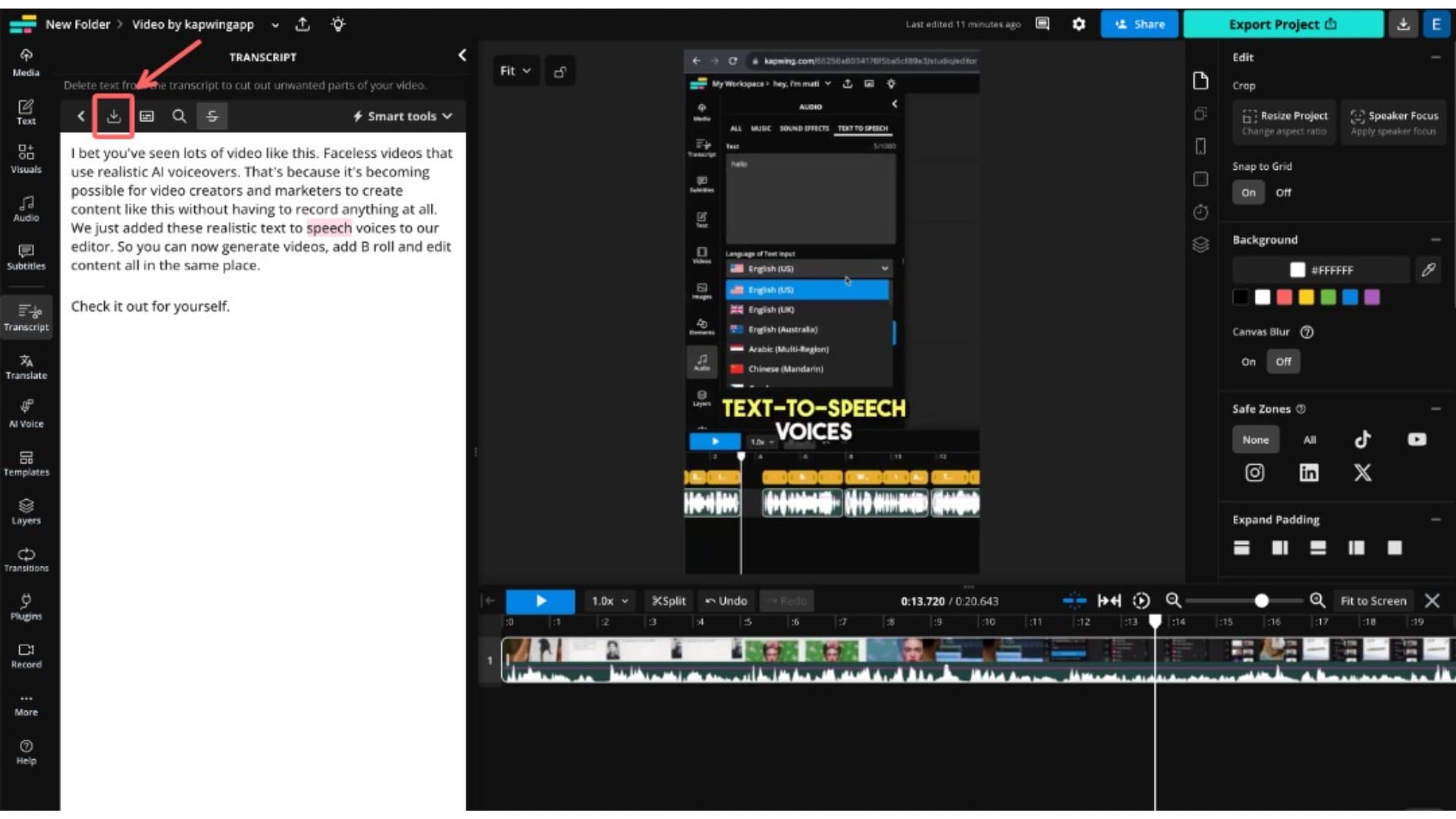 A screenshot showing the transcript editor, with a circle around the download icon