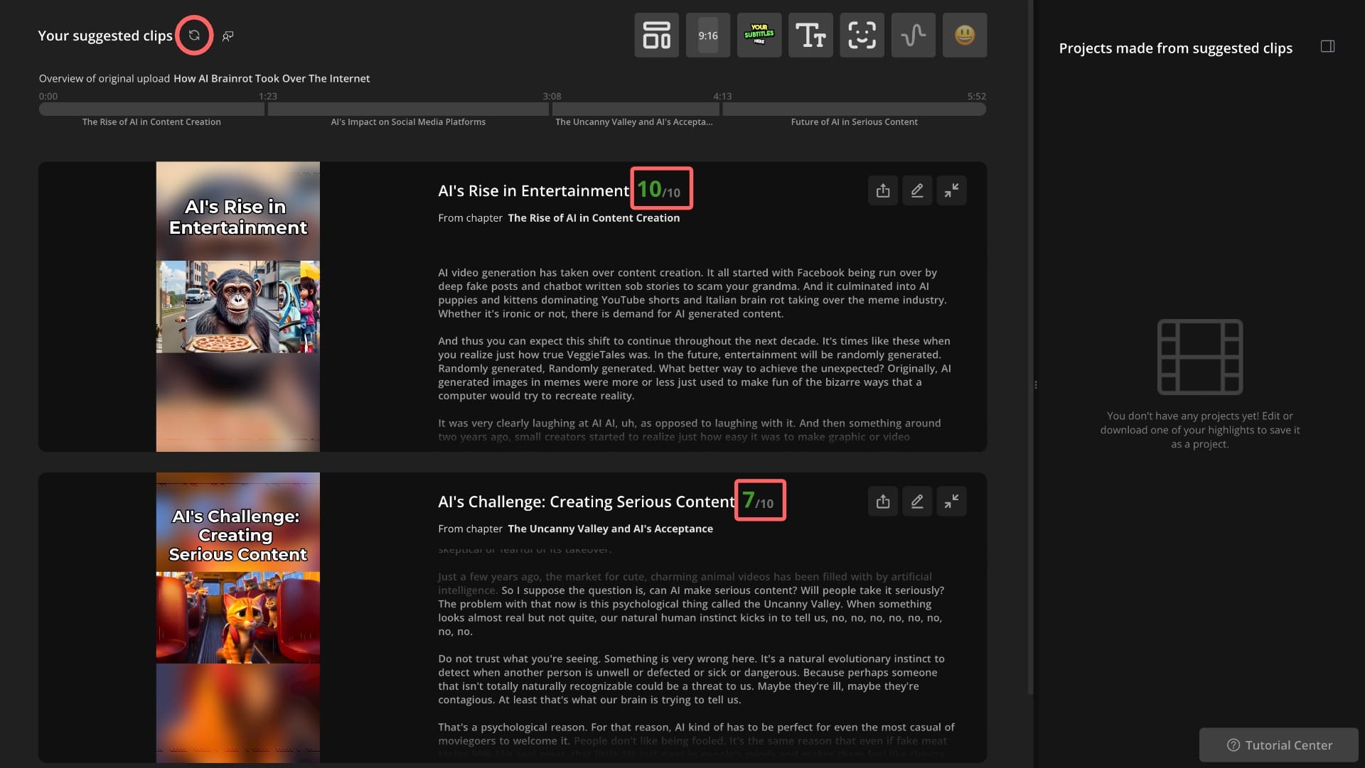 A screenshot showing the Repurpose Studio once it generates your clips