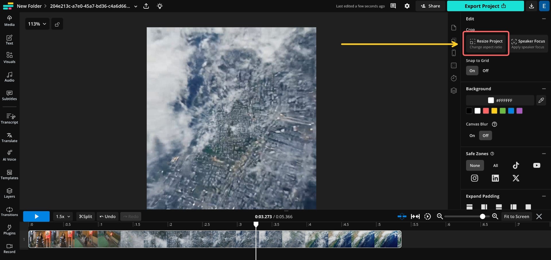 A screenshot showing the Kapwing studio, with a circle around the Resize Project feature