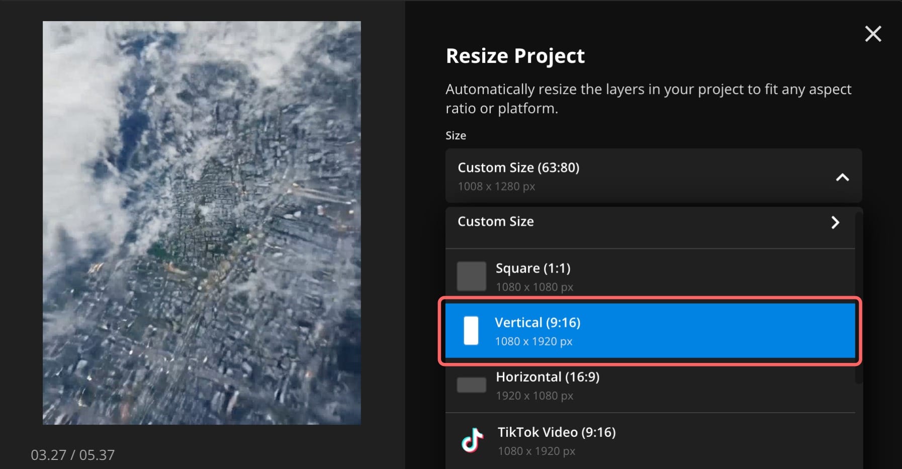 A screenshot showing the Kapwing resize menu, with a circle around the 9:16 aspect ratio