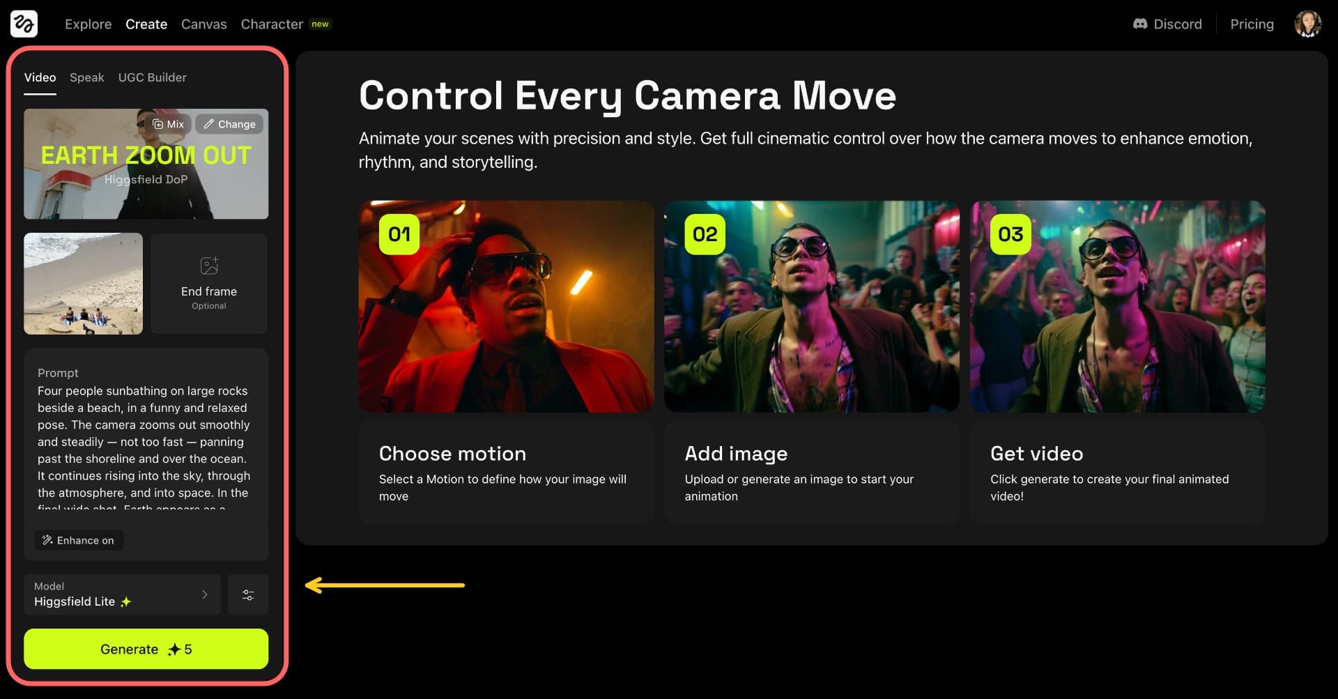 A screenshot showing the Higgsfield generator with a circle around the generation menu