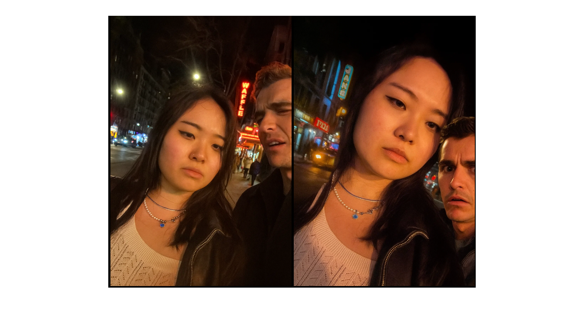 An example Sora generated image where the celebrity looks annoyed and terrified by the encounter