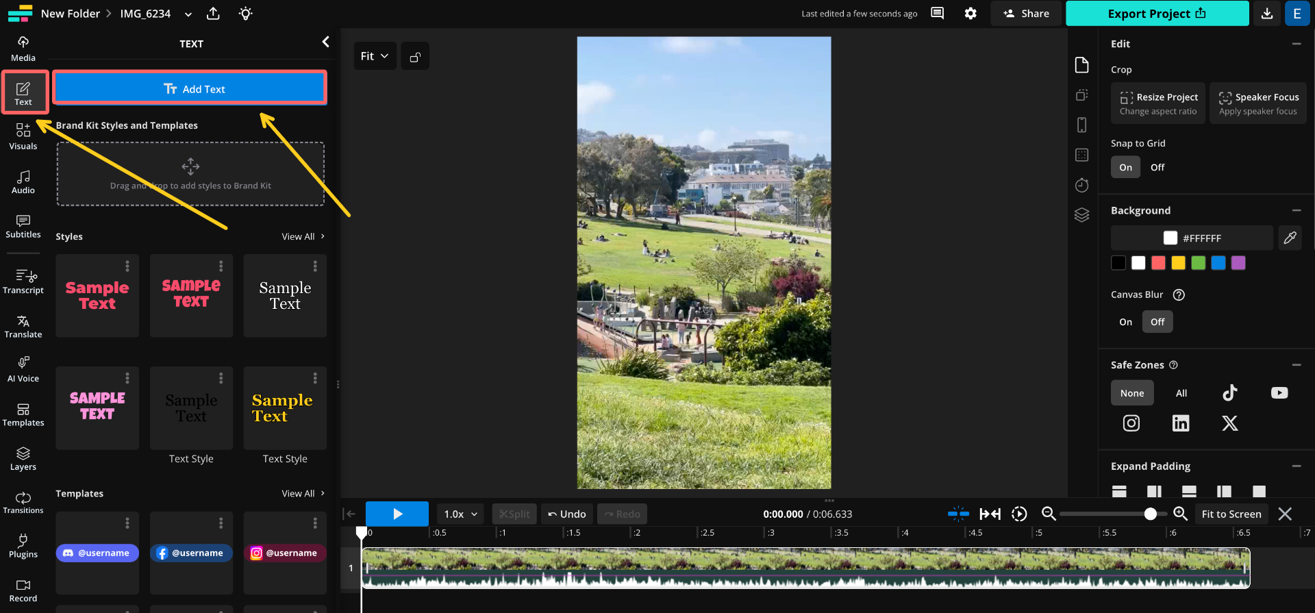A screenshot showing the Kapwing editor with a circle around the text buttons