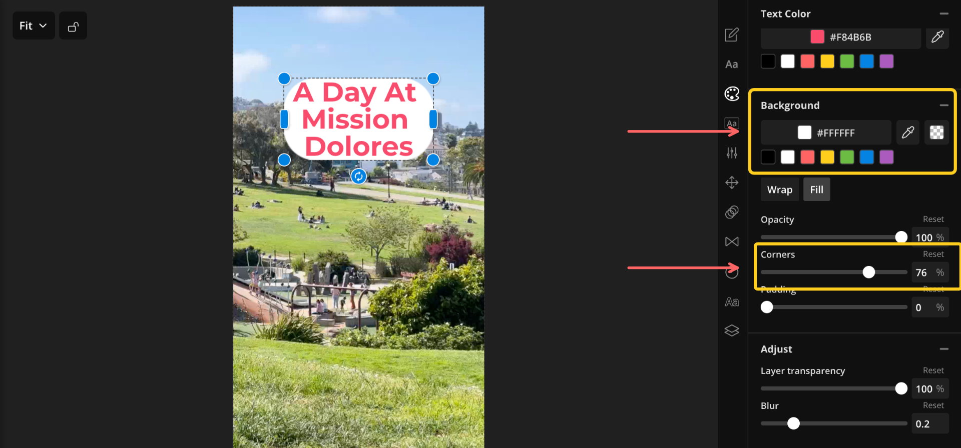 A screenshot showing how to do the rounded corner text background in Kapwing