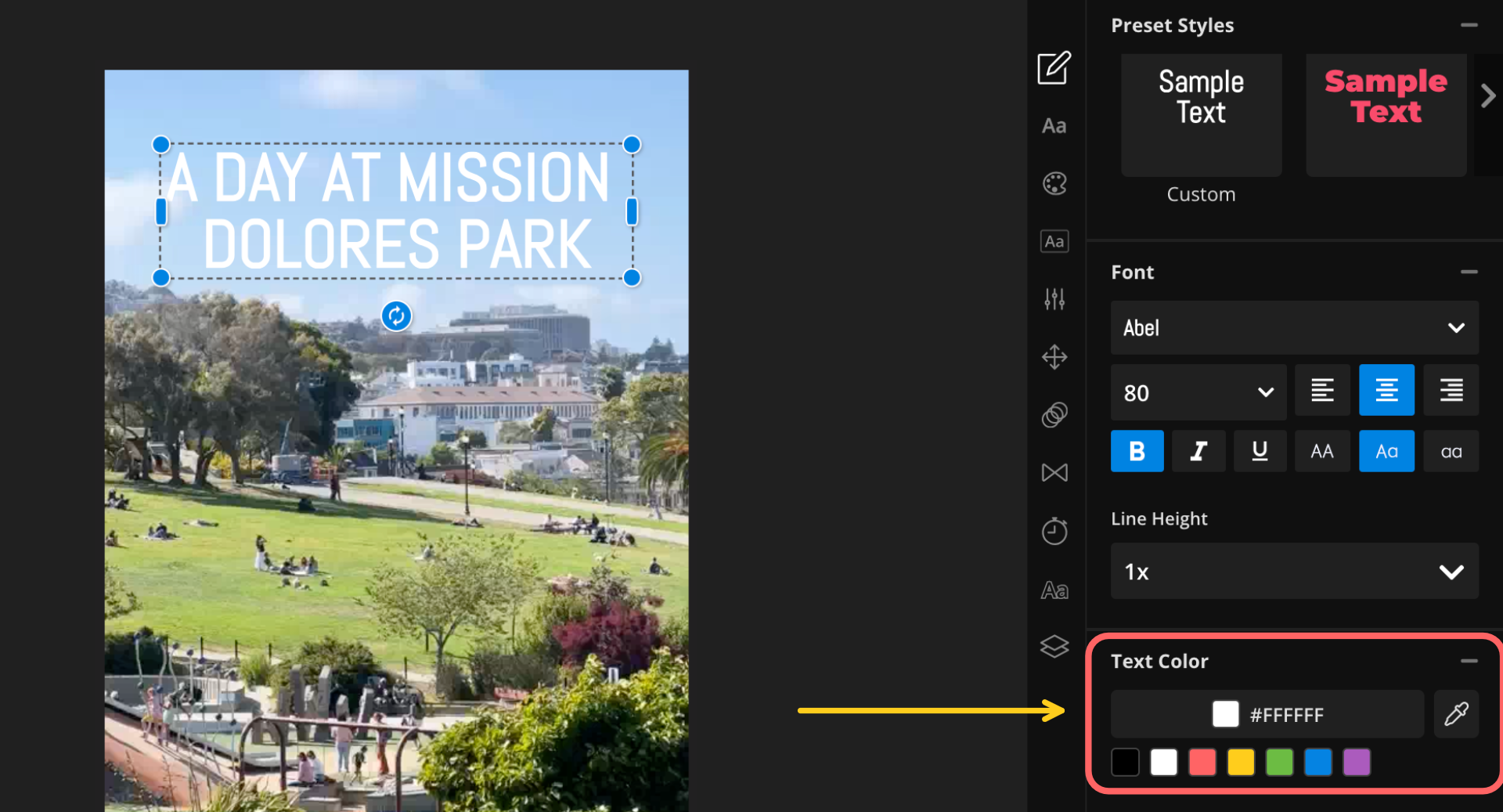A screenshot showing how to change text color in Kapwing