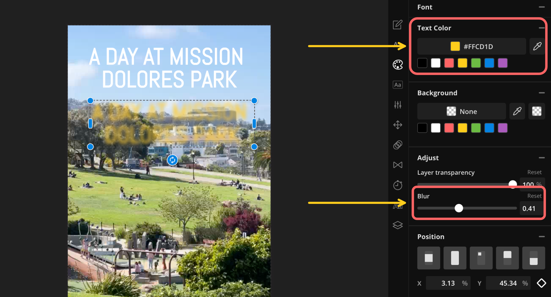 A screenshot showing how to change the text color and blur