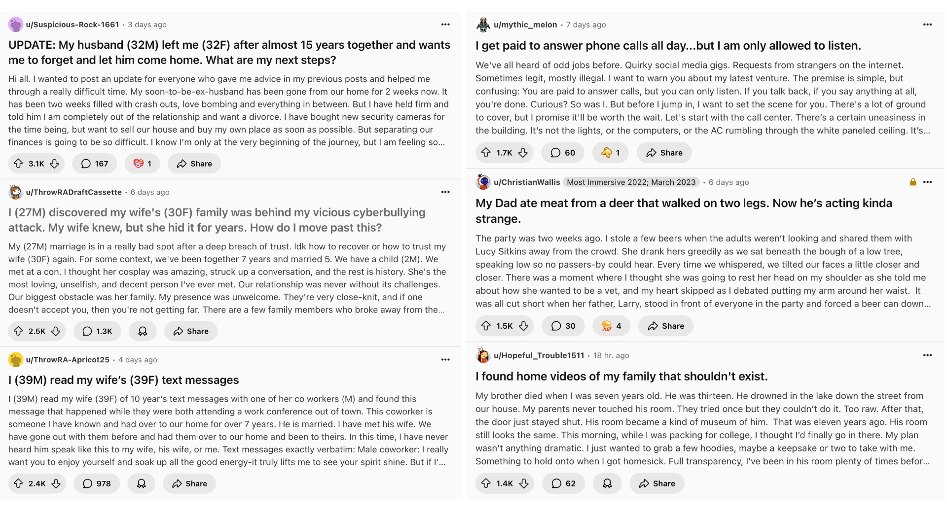 Two screenshots of posts from the relationship advice and no sleep threads