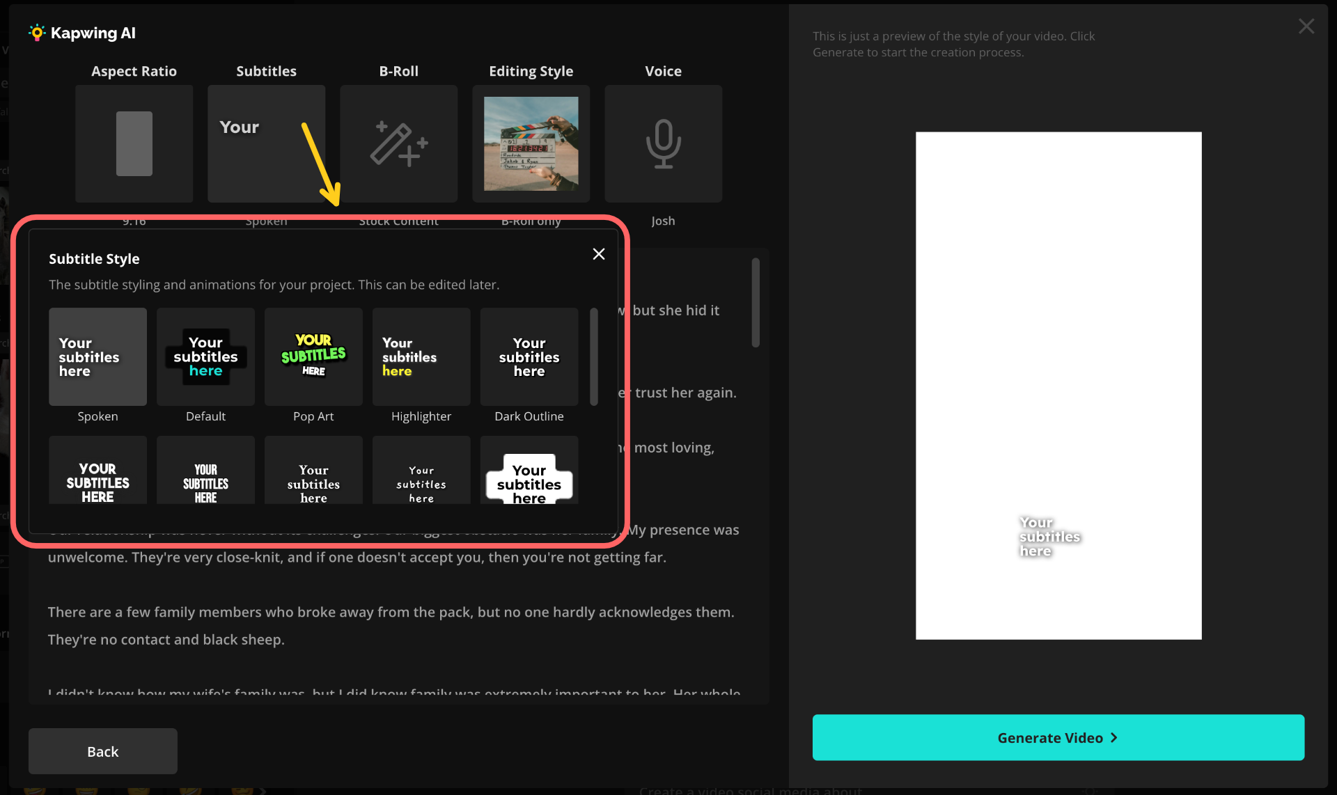 A screenshot showing the Subtitle style menu