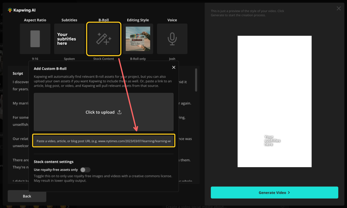 Screenshot of a video editing interface showing the B-Roll panel open, with options to upload gameplay footage or paste a link. A screenshot showing the footage upload panel, with a circle around the link panel