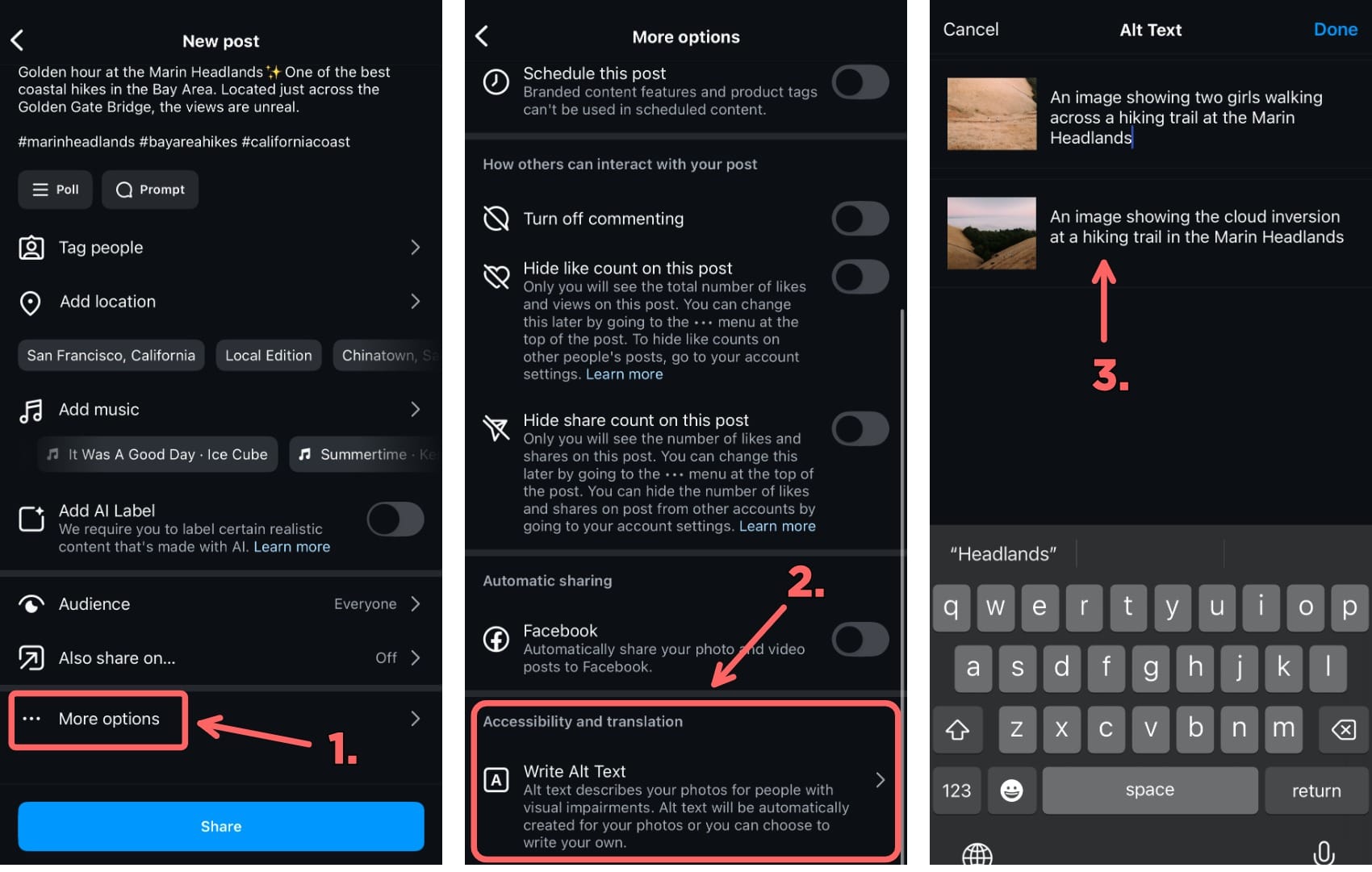 Three screenshots showing how to write alt text on Instagram