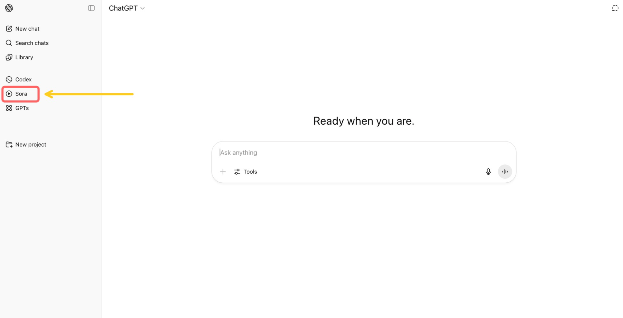 A screenshot showing the ChatGPT homepage with a circle around the Sora tool.