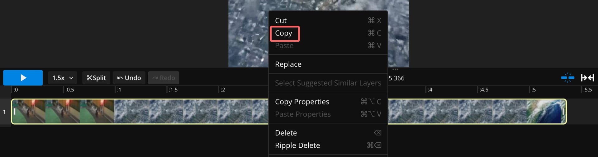 A screenshot showing a closeup of the timeline, with a circle around the Copy button