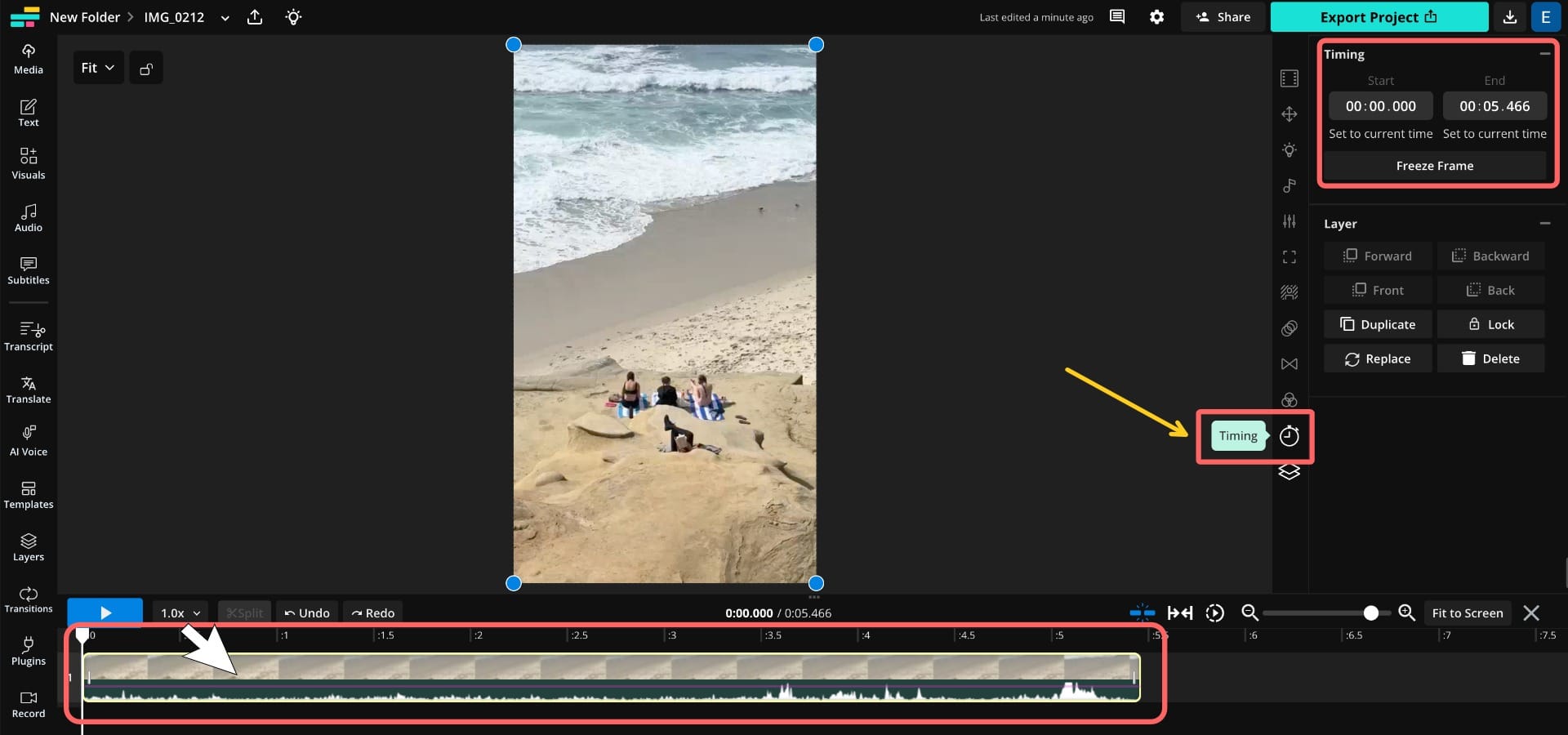 A screenshot showing how to find the Freeze Frame tool in the Kapwing studio