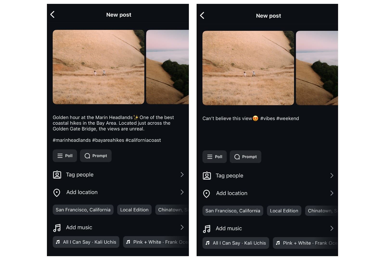 Two screenshots, one showing a strong example of a caption, and one showing a weak example