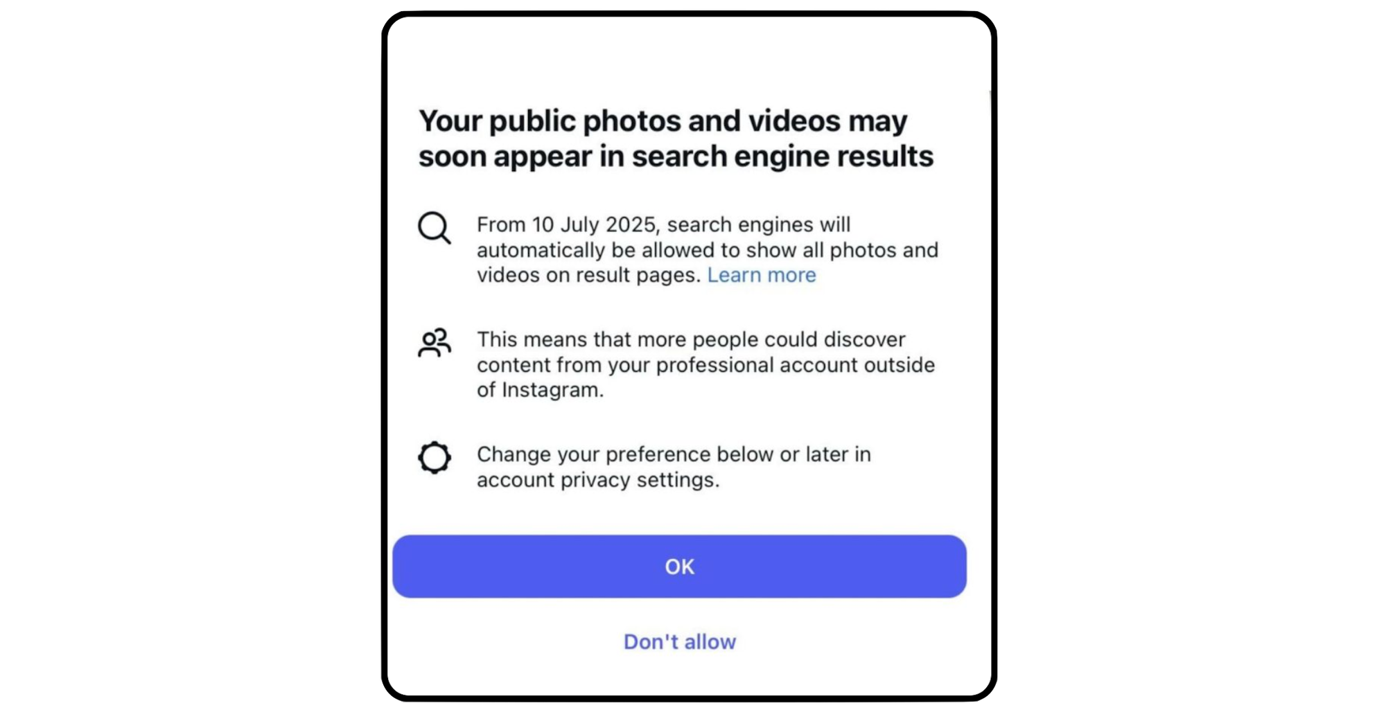 A screenshot showing the Instagram notification announcing that posts would be indexed.
