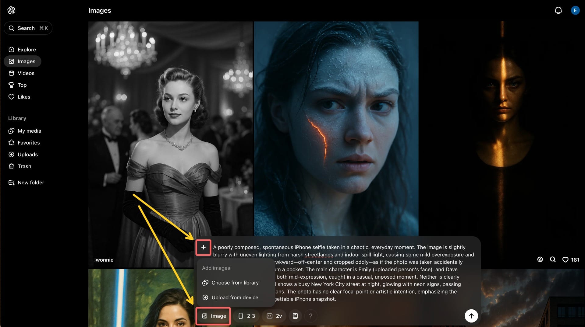 A screenshot of Sora's chat box with circles around the upload buttons
