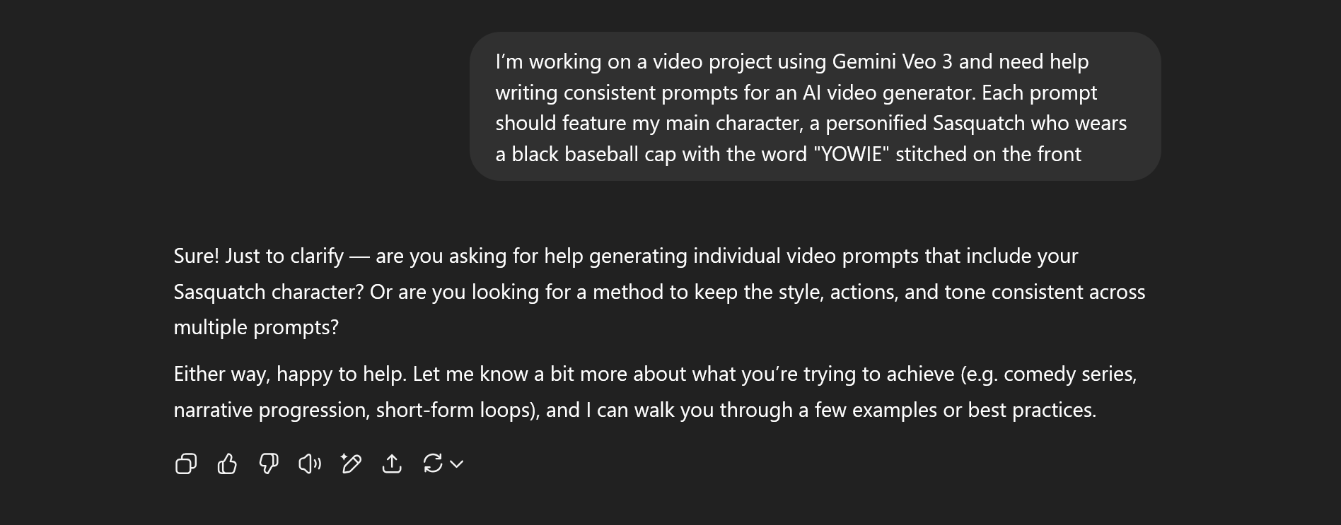 Example ChatGPT chat with a Big Yowie prompt example. 