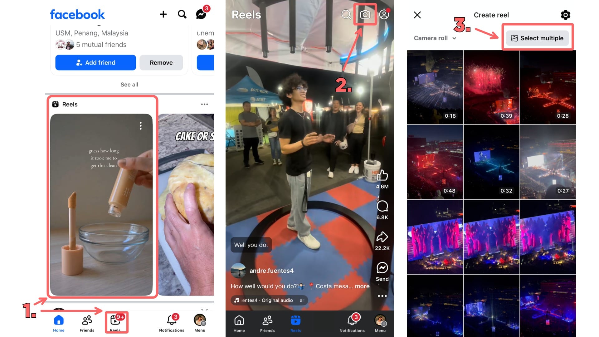 Three screenshots showing a step-by-step of how to create a new reel on Facebook