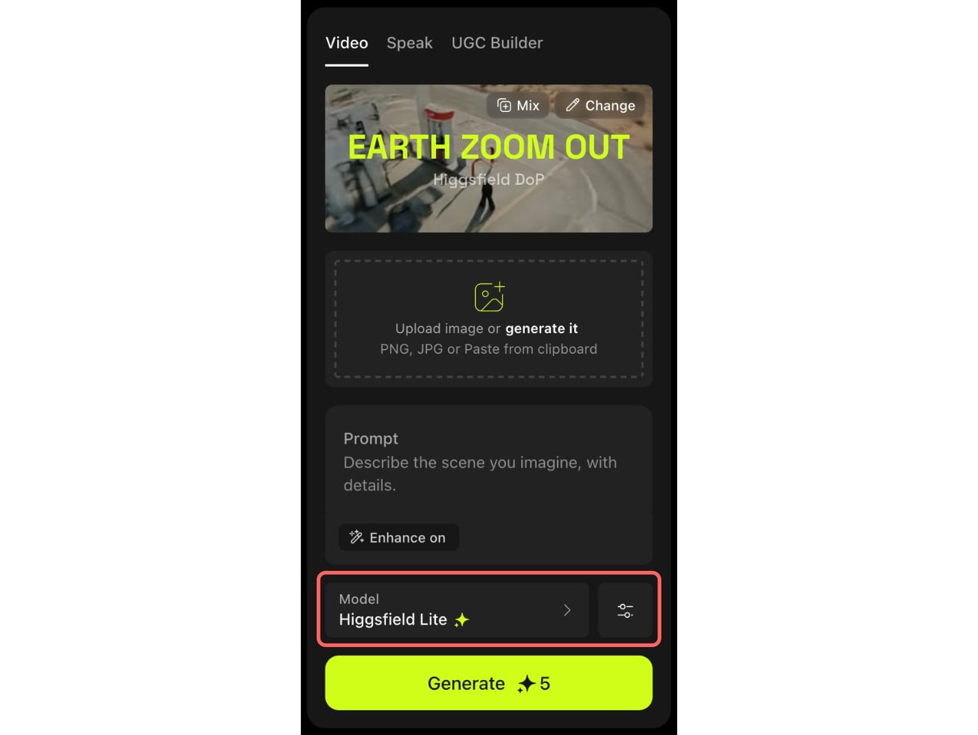 A screenshot showing the Higgsfield generation menu with a circle around the Model selector.