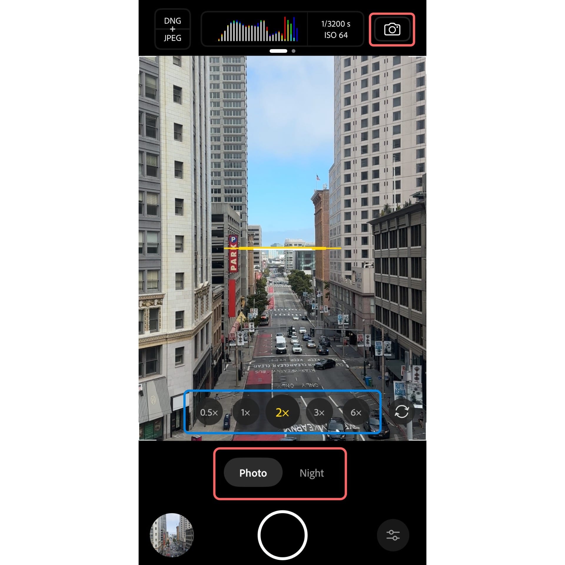 A screenshot showing the Project Indigo interface, with the shooting mode and Zoom settings highlighted.