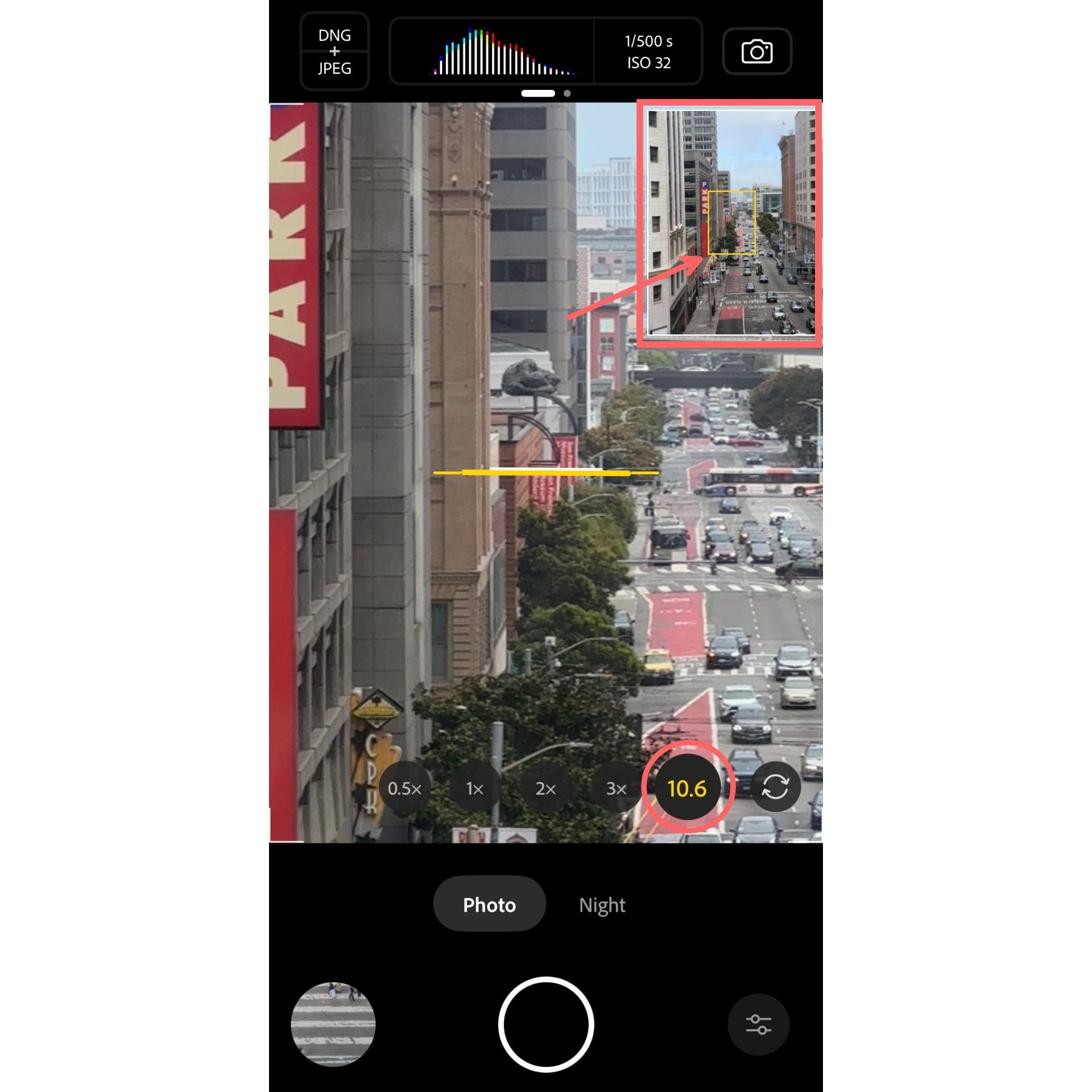 A screenshot showing the Project Indigo camera on 10.6x zoom, with a view finder in the corner
